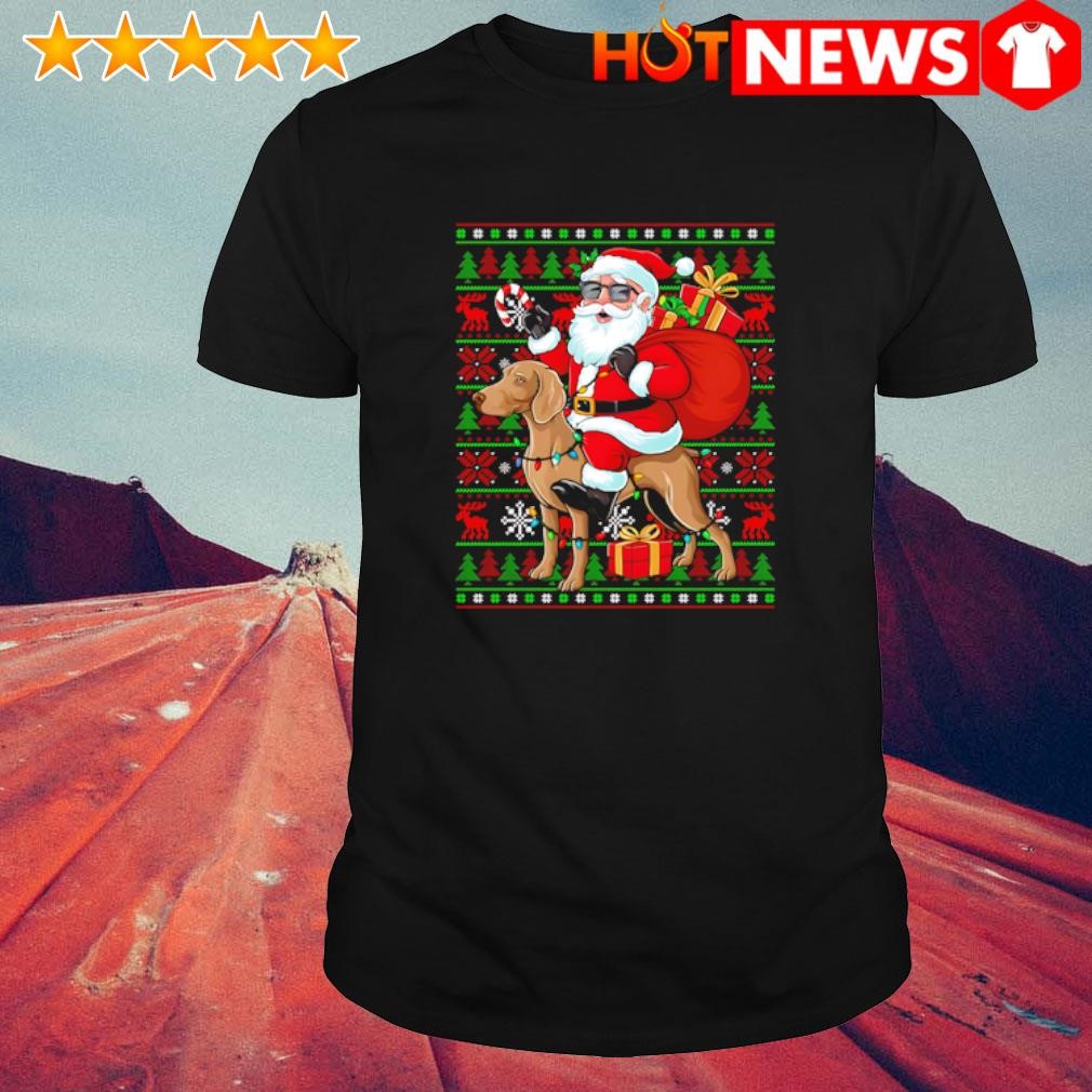 Best Ugly Xmas Lights Funny Santa Riding Ridgeback Dog Christmas Cartoon shirt